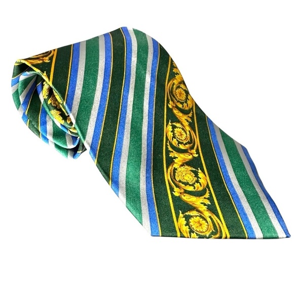 Authentic VERSACE 100% Silk Gold Blue & Green Scroll Stripe Men’s Neck Tie - Picture 8 of 8